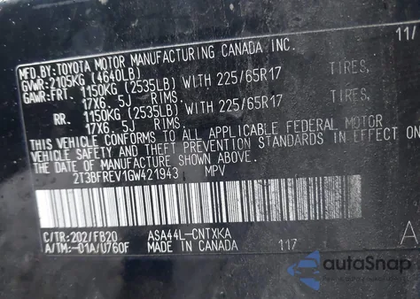2016 Toyota Rav4 Le from USA, damaged, VIN 2T3BFREV1GW421943
